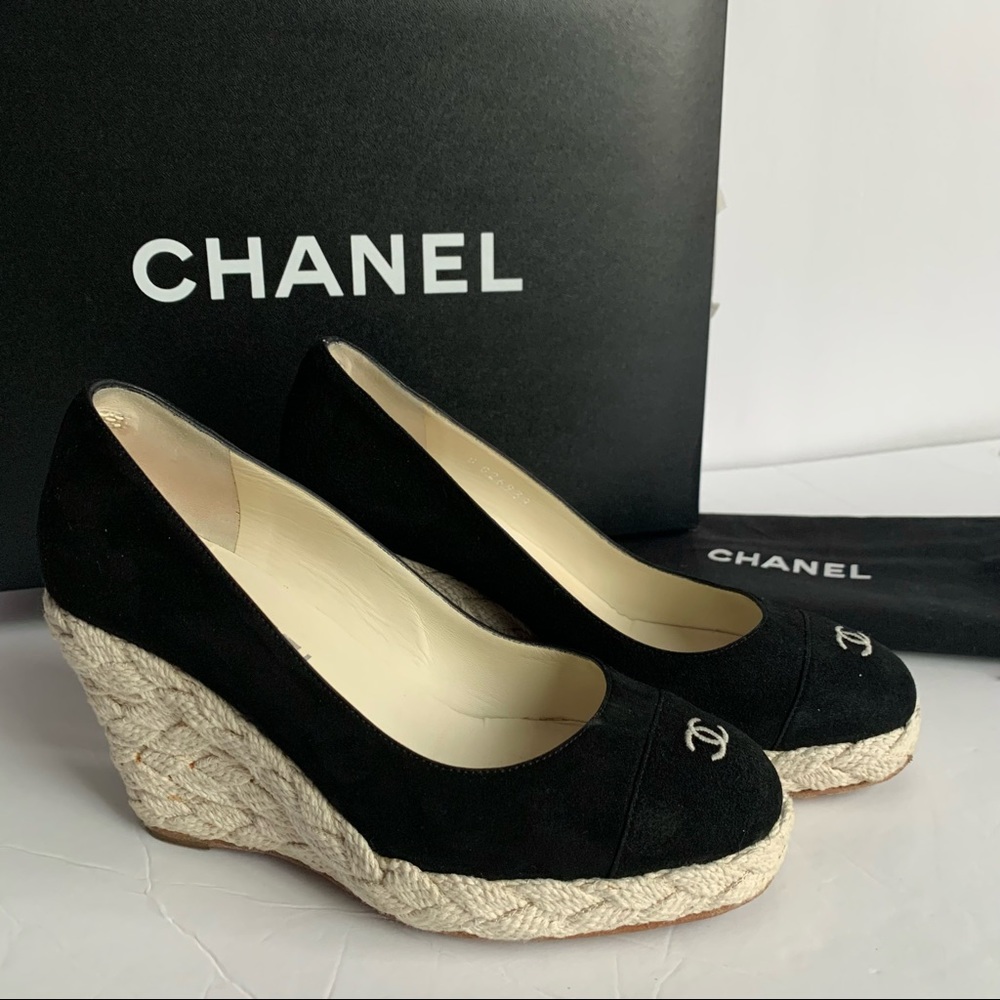 💎✨Gorgeous✨💎 Chanel Black Suede Leather Cap Toe Espadrille Wedges Authentic! - Picture 1 of 9